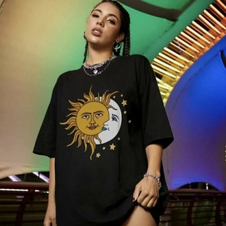 Kadın Siyah Güneş Ay Baskılı Oversize Penye T-shirt Tişört