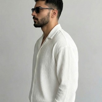 Erkek Ütü İstemeyen Oversize kırık beyaz Bürümcük Gömlek BEYAZ