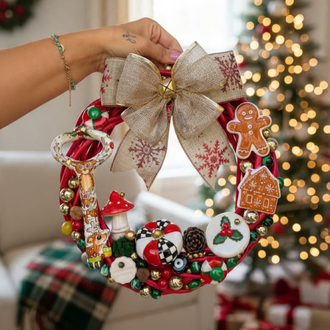 El Yapımı Çini Kapı Süsü (12) - Doğal Ahşap Kapı Çelengi (30 cm)