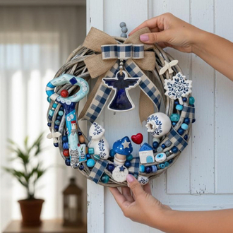 El Yapımı Çini Kapı Süsü – Doğal Ahşap Kapı Çelengi (30 cm)