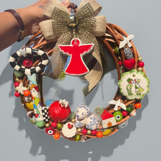 El Yapımı Çini Kapı Süsü – Doğal Ahşap Kapı Çelengi (30 cm)
