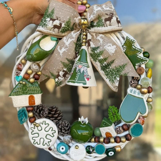 El Yapımı Çini Kapı Süsü (11) - Doğal Ahşap Kapı Çelengi (30 cm)