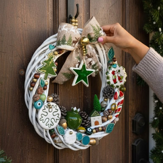 El Yapımı Çini Kapı Süsü (13) - Doğal Ahşap Kapı Çelengi (30 cm)
