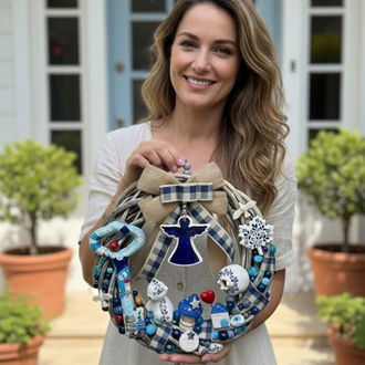 El Yapımı Çini Kapı Süsü – Doğal Ahşap Kapı Çelengi (30 cm)