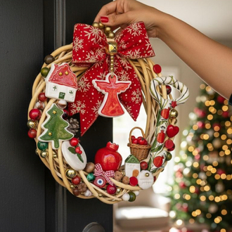 El Yapımı Çini Kapı Süsü (6) – Doğal Ahşap Kapı Çelengi (30 cm)