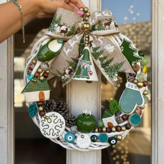 El Yapımı Çini Kapı Süsü (11) - Doğal Ahşap Kapı Çelengi (30 cm)