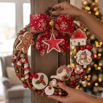 El Yapımı Çini Kapı Süsü (4) – Doğal Ahşap Kapı Çelengi (30 cm)