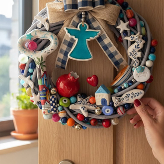 El Yapımı Çini Kapı Süsü – Doğal Ahşap Kapı Çelengi (30 cm)