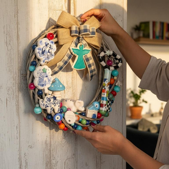 El Yapımı Çini Kapı Süsü - Doğal Ahşap Kapı Çelengi (30 cm)
