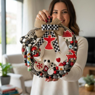 El Yapımı Çini Kapı Süsü - Doğal Ahşap Kapı Çelengi (30 cm)