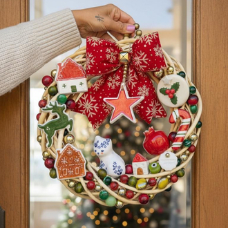 El Yapımı Çini Kapı Süsü (5) – Doğal Ahşap Kapı Çelengi (30 cm)