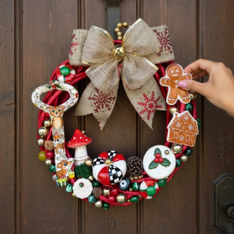 El Yapımı Çini Kapı Süsü (12) - Doğal Ahşap Kapı Çelengi (30 cm)