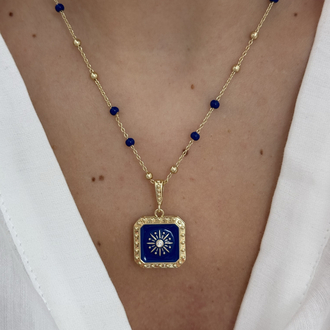 14k Altın Kaplama Lacivert Plaka Topçuk Detay Gold Kolye(48cm)