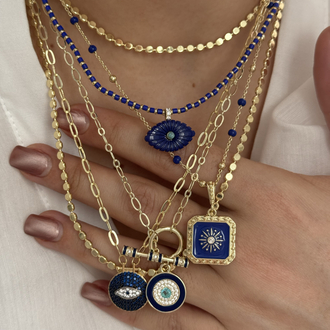 14k Altın Kaplama Lacivert Plaka Topçuk Detay Gold Kolye(48cm)