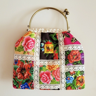 Metal klipsli çanta patchwork tarz