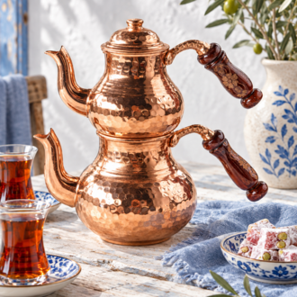 Küçük Boy Bakır Ahşap Kulplu Çaydanlık – %100 Saf Bakır, Kalaylı İç Yüzey