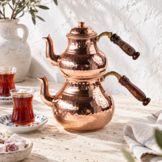 Büyük Boy Bakır Ahşap Kulplu Çaydanlık – %100 Saf Bakır, Kalaylı İç Yüzey