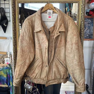 80's Earth Tone Distressed Leather Bomber Jacket