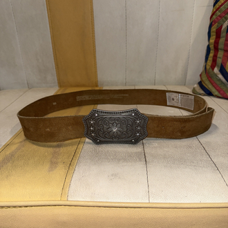 Y2K Brown Suede Leather Belt – Western Cowboy Style with Engraved Floral Rhinestone Buckle
