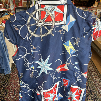 80’s Nautical Print Ruffle Blouse — Navy & Red