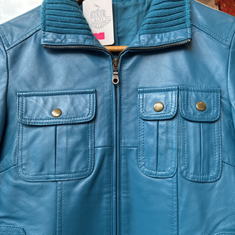 Asymmetric Pocket Teal Leather Jacket
