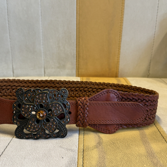 Y2K Vintage Braided Leather Belt – Statement Flower Buckle Wide Brown Belt