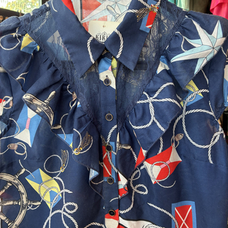 80’s Nautical Print Ruffle Blouse — Navy & Red