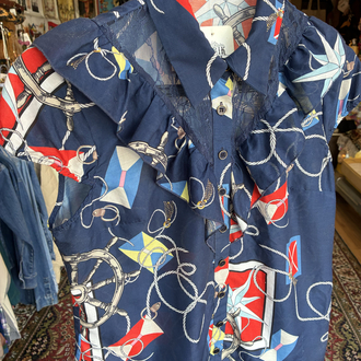80’s Nautical Print Ruffle Blouse — Navy & Red