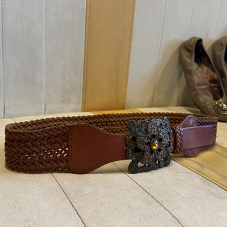 Y2K Vintage Braided Leather Belt – Statement Flower Buckle Wide Brown Belt