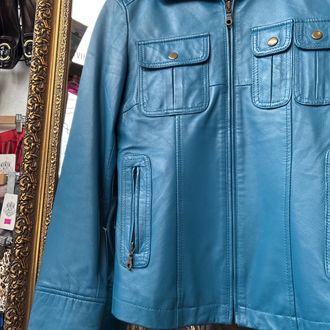 Asymmetric Pocket Teal Leather Jacket