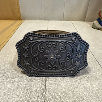 Y2K Brown Suede Leather Belt – Western Cowboy Style with Engraved Floral Rhinestone Buckle