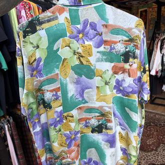 90’s Art Print Floral Shirt — Watercolor Green & Violet