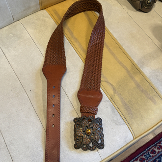 Y2K Vintage Braided Leather Belt – Statement Flower Buckle Wide Brown Belt