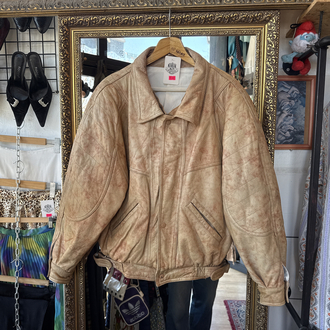 80's Earth Tone Distressed Leather Bomber Jacket