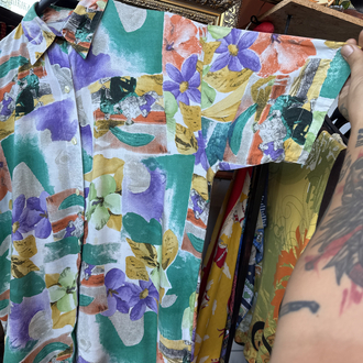 90’s Art Print Floral Shirt — Watercolor Green & Violet