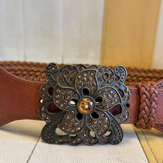 Y2K Vintage Braided Leather Belt – Statement Flower Buckle Wide Brown Belt