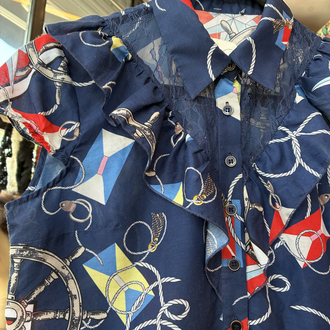 80’s Nautical Print Ruffle Blouse — Navy & Red