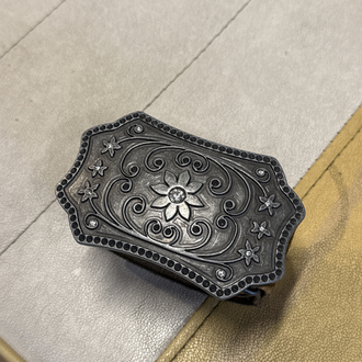 Y2K Brown Suede Leather Belt – Western Cowboy Style with Engraved Floral Rhinestone Buckle