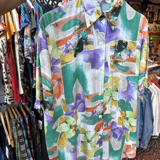 90’s Art Print Floral Shirt — Watercolor Green & Violet