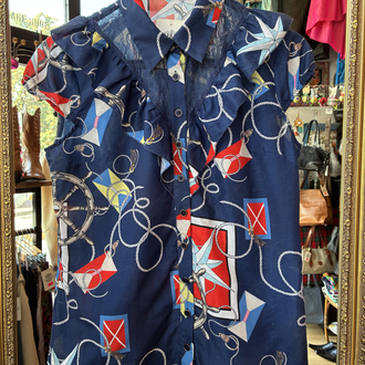 80’s Nautical Print Ruffle Blouse — Navy & Red