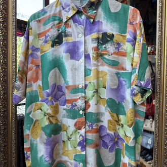 90’s Art Print Floral Shirt — Watercolor Green & Violet