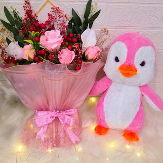 Tatlış Pembe Pengu& Büyük boy Kokina Buketi 