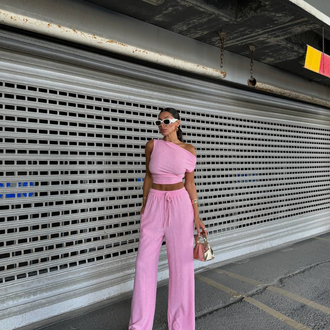 Omuz Detaylı Pembe Bluz/Pantolon Takım