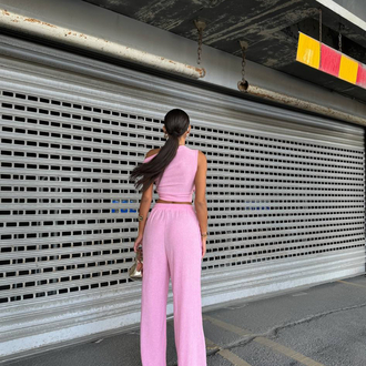 Omuz Detaylı Pembe Bluz/Pantolon Takım