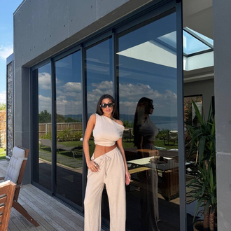 Omuz Detaylı Bej Bluz/Pantolon Takım