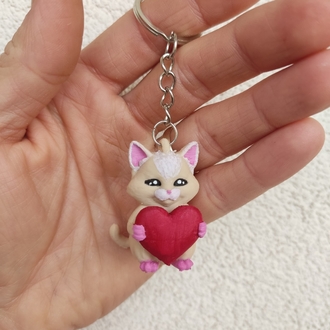 3D El Boyama Sevgi Elçisi Kedi Anahtarlık - Hediyelik Figüratif Obje,

