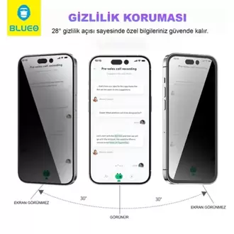 Blueo Anti-Peep Privacy iPhone 16 Uyumlu Göz Yormayan Uygulama Aparatlı Hayalet Cam Ekran Koruyucu