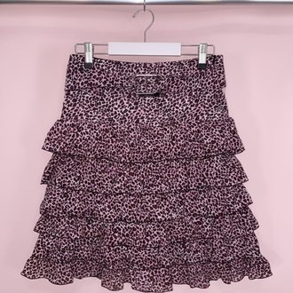 Kemerli Pembe leopar midi etek