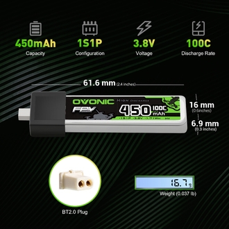 Yakında Stokta OVONIC 1S Lipo Battery 450mAh 1S1P 100C 3.8V LiHV LiPo