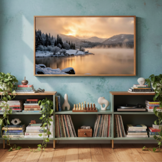 Snow Scene Frame TV Art – Winter Lake Sunset Digital Download Samsung TV